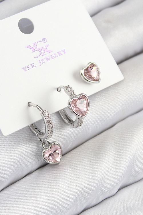 Pirinç Zirkon Taşlı 3'lü Pembe Kalp Model Gümüş Renk Kadın Küpe