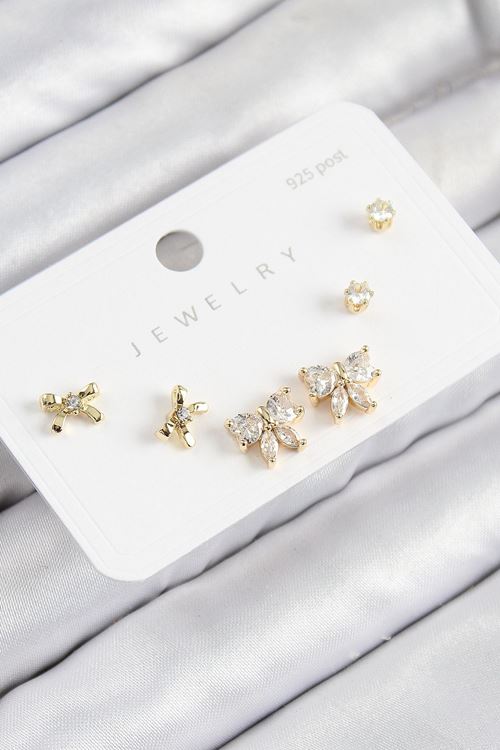 Pirinç Zirkon Taşlı Fiyonk Model Gold Renk 925 Ayar Gümüş Çivi Kadın Küpe Set