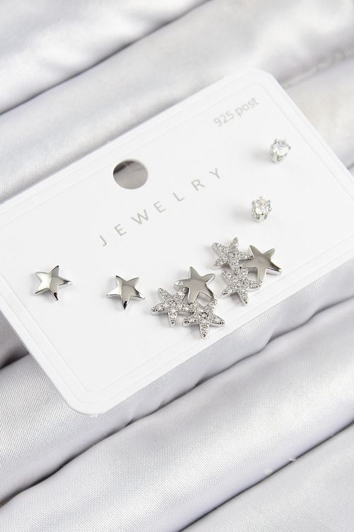 Pirinç Zirkon Taşlı Yıldız Model Gümüş Renk 925 Ayar Gümüş Çivi Kadın Küpe Set
