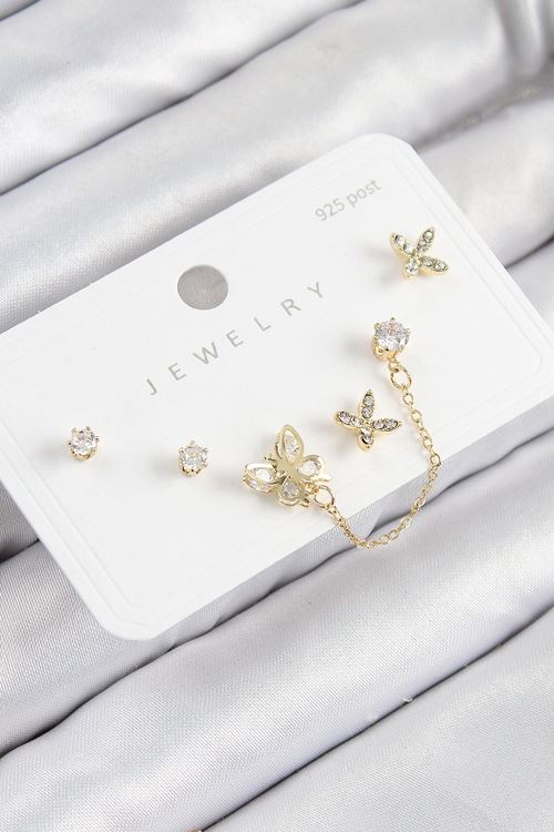 Pirinç Zirkon Taşlı Kelebek Model Gold Renk 925 Ayar Gümüş Çivi Kadın Küpe Set