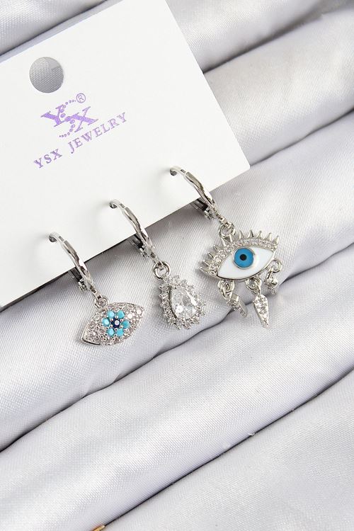 Pirinç Zirkon Taşlı 3'lü Fatma'nın Gözü Model Gümüş Renk Kadın Küpe