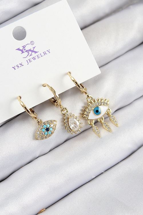 Pirinç Zirkon Taşlı 3'lü Fatma'nın Gözü Model Gold Renk Kadın Küpe