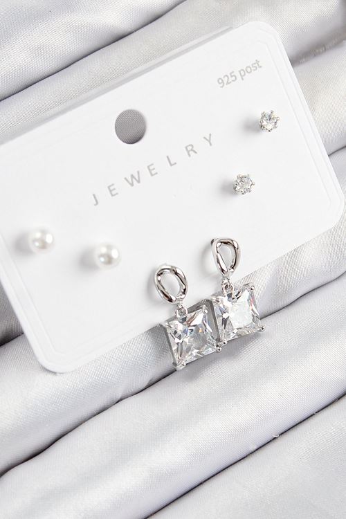 Pirinç Zirkon Taşlı Sallantılı Kare Model Gümüş Renk 925 Ayar Gümüş Çivi Kadın Küpe Set