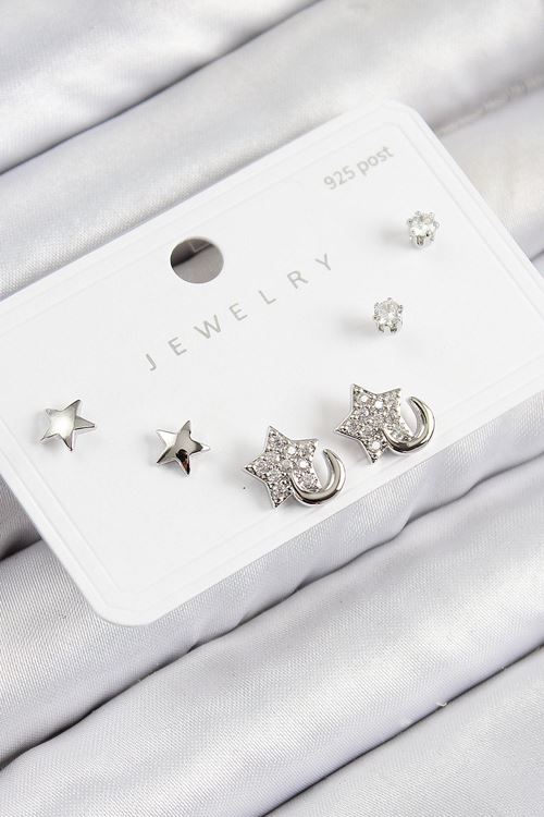 Pirinç Zirkon Taşlı Yıldız Model Gümüş Renk 925 Ayar Gümüş Çivi Kadın Küpe Set