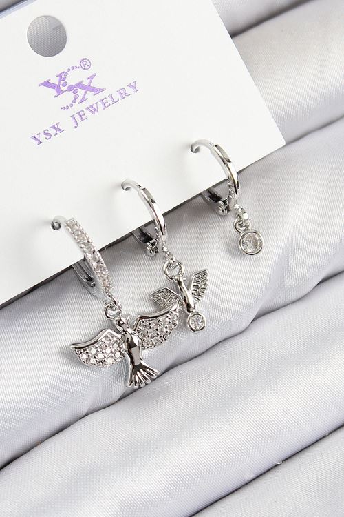 Pirinç Zirkon Taşlı 3'lü Kuş Model Gümüş Renk Kadın Küpe