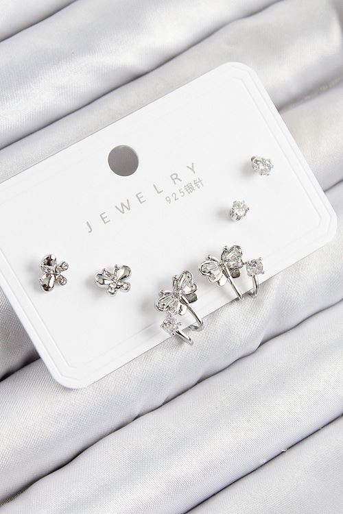 Pirinç Zirkon Taşlı Kelebek Model Gümüş Renk 925 Ayar Gümüş Çivi Kadın Küpe Set