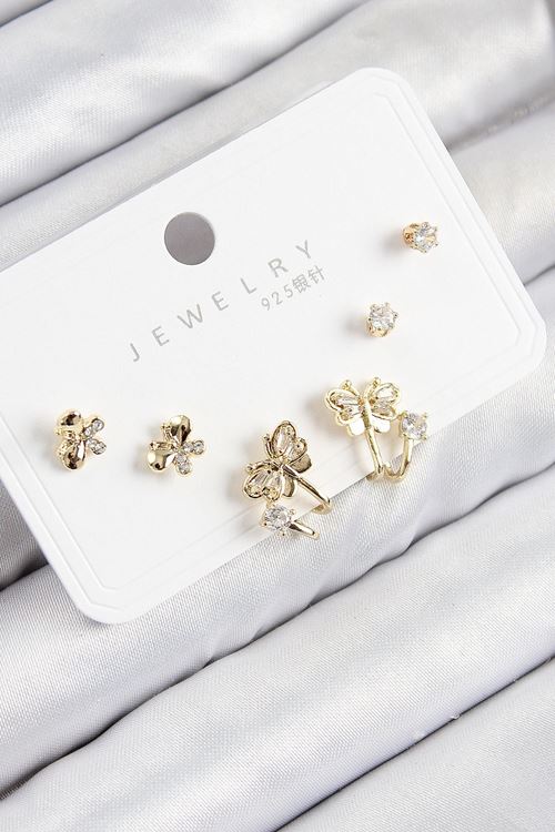 Pirinç Zirkon Taşlı Kelebek Model Gold Renk 925 Ayar Gümüş Çivi Kadın Küpe Set