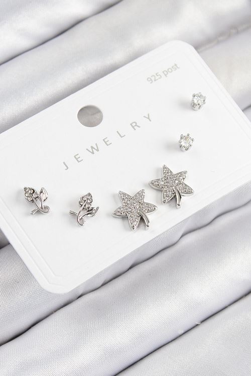 Pirinç Zirkon Taşlı Yıldız Ve Gül Model Gümüş Renk 925 Ayar Gümüş Çivi Kadın Küpe Set