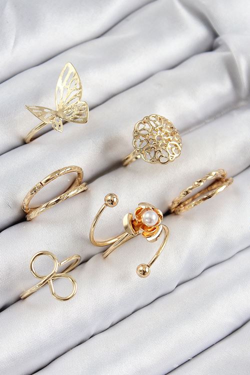 Pirinç Gül Kelebek Model Gümüş Renk Kadın Yüzük Kombin Set