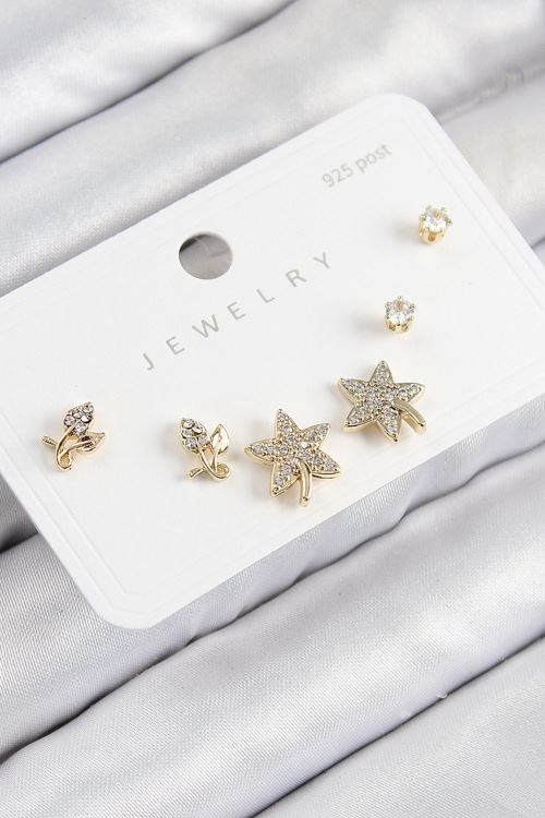 Pirinç Zirkon Taşlı Yıldız Ve Gül Model Gold Renk 925 Ayar Gümüş Çivi Kadın Küpe Set