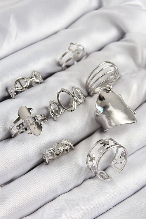 Pirinç Sarmal Ve Yıldız Model Gümüş Renk Kadın Yüzük Kombin Set