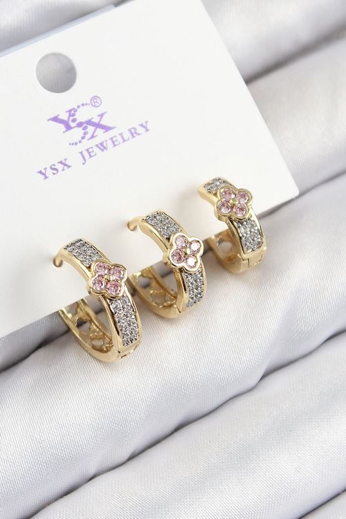 Pirinç Zirkon Taşlı 3'lü Halka Yonca Model Gold Ve Gümüş Renk Kadın Küpe