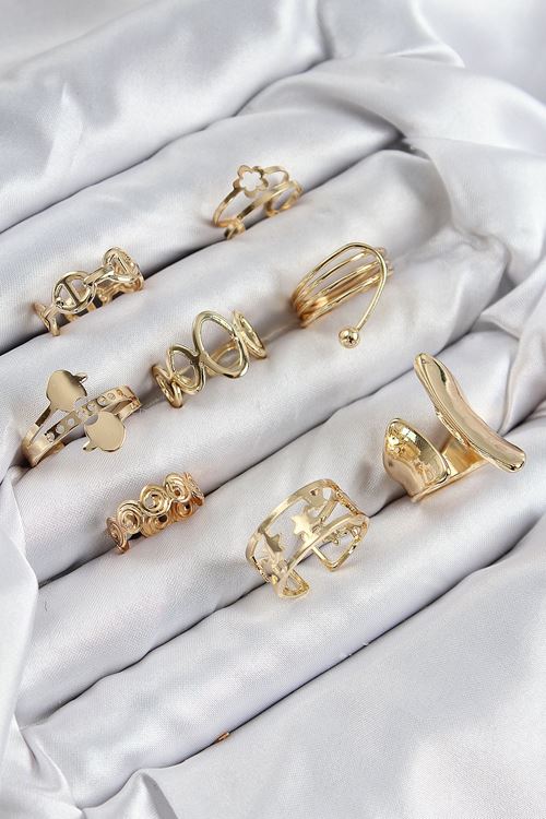 Pirinç Sarmal Ve Yıldız Model Gold Renk Kadın Yüzük Kombin Set