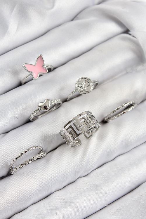 Pirinç Kelebek Ve Kalp Model Gümüş Renk Kadın Yüzük Kombin Set