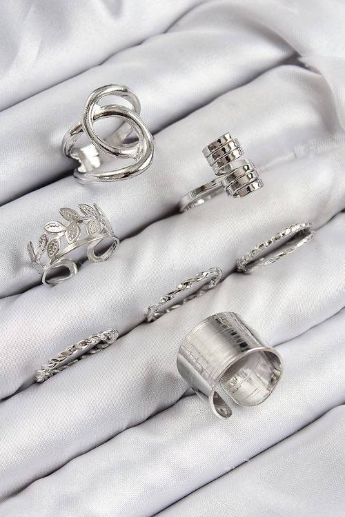 Pirinç Yaprak Model Gümüş Renk Kadın Yüzük Kombin Set