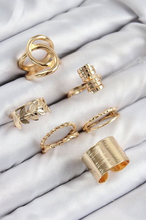 Pirinç Yaprak Model Gold Renk Kadın Yüzük Kombin Set