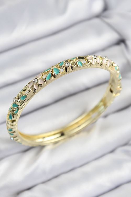 Mineli Pirinç Zirkon Taşlı Turkuaz Çiçek Motifli Gold Kadın Kelepçe