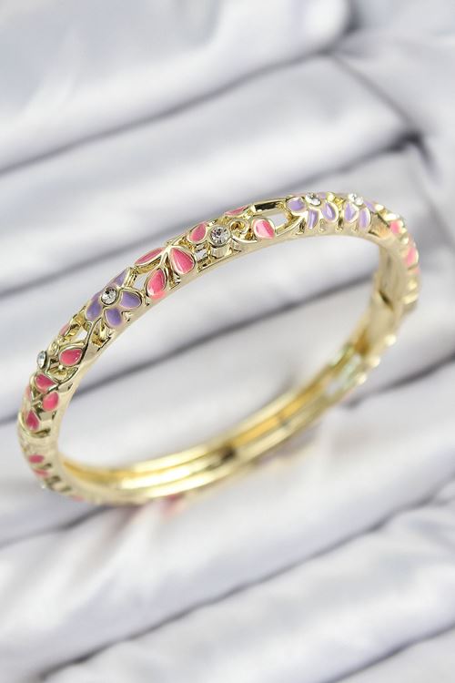 Mineli Pirinç Zirkon Taşlı Pembe Mor Çiçek Motifli Gold Kadın Kelepçe