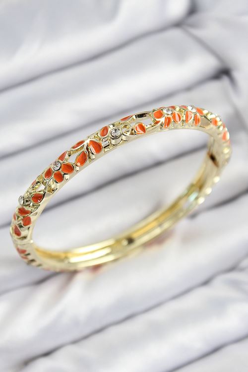 Mineli Pirinç Zirkon Taşlı Turuncu Çiçek Motifli Gold Kadın Kelepçe