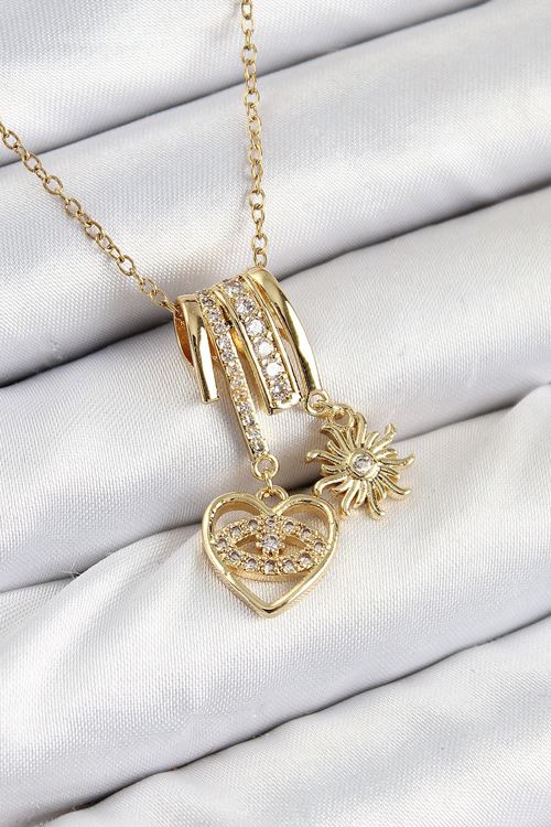 316L Çelik Zirkon Taşlı Sallantılı Kalp Ve Güneş Model Gold Renk Kadın Kolye