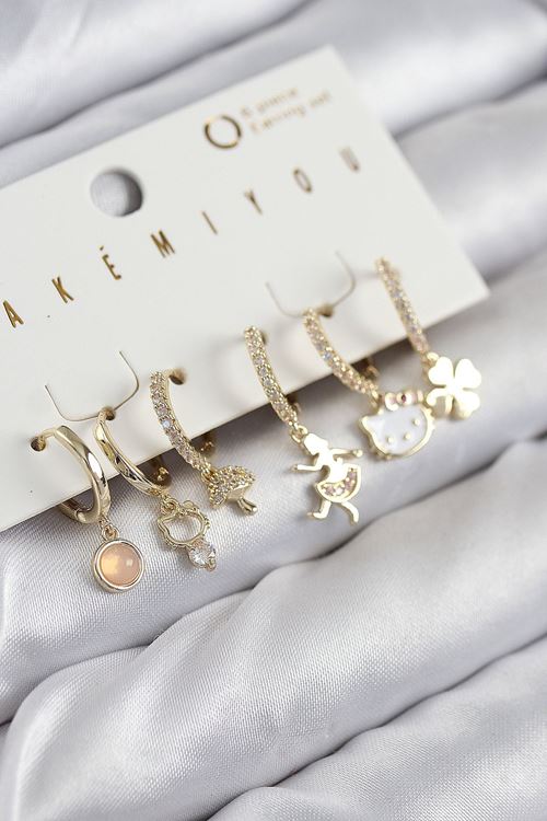Pirinç Zirkon Taşlı Hello Kity Ve Yonca Model Gold Renk 6'lı Küpe Set