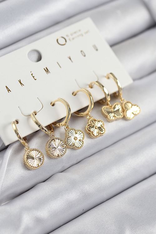 Pirinç Zirkon Taşlı Yonca Model Gold Renk 6'lı Küpe Set