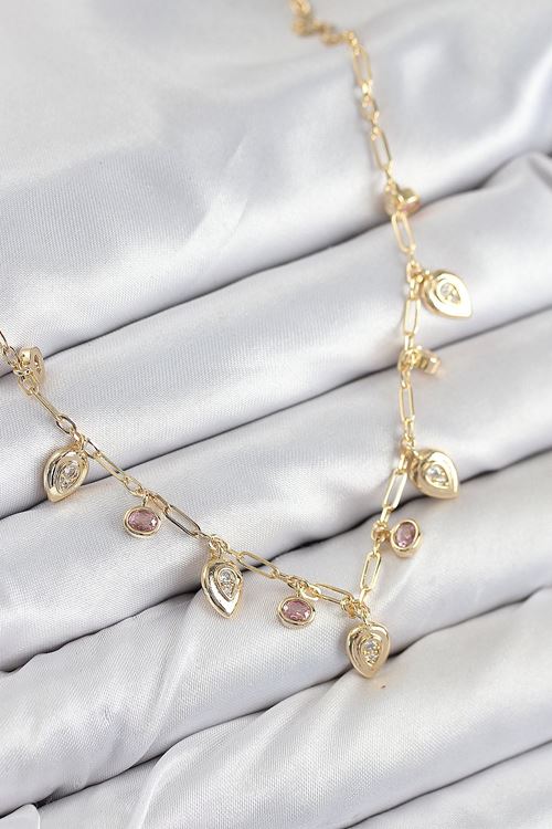 Pirinç Zirkon Taşlı Sallantılı Damla Model Gold Renk Kadın Kolye