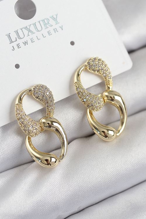 Pirinç Zirkon Taşlı Zincir Model Gold Renk Kadın Küpe