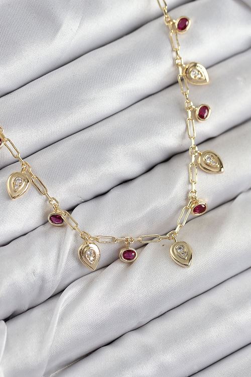 Pirinç Zirkon Taşlı Sallantılı Damla Model Gold Renk Kadın Kolye