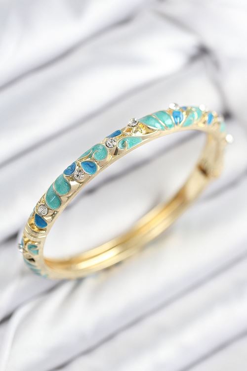 Mineli Pirinç Zirkon Taşlı Turkuaz Mavi Çiçek Motifli Gold Kadın Kelepçe