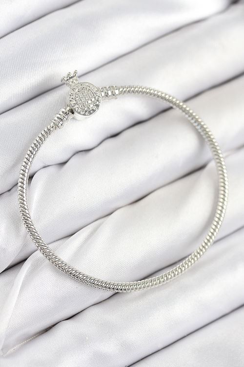 Pirinç Charm Zirkon Taşlı Taç Model Gümüş Renk Kadın Bileklik