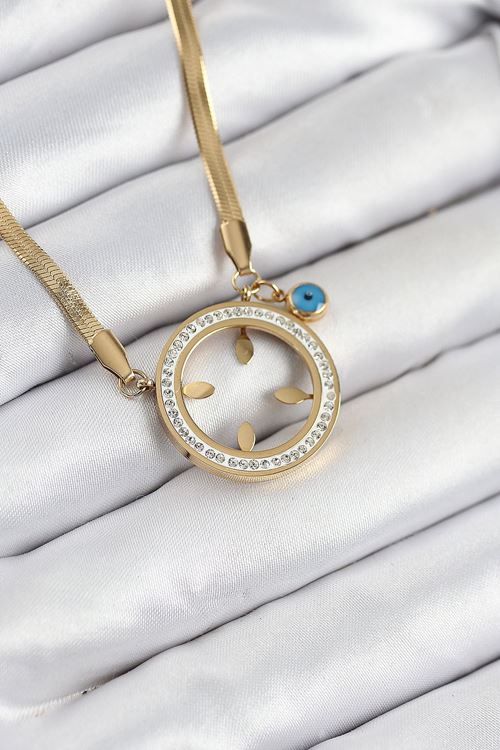 316L Çelik Zirkon Taşlı Çeyrek Takılabilir Gold Renk Kadın Kolye