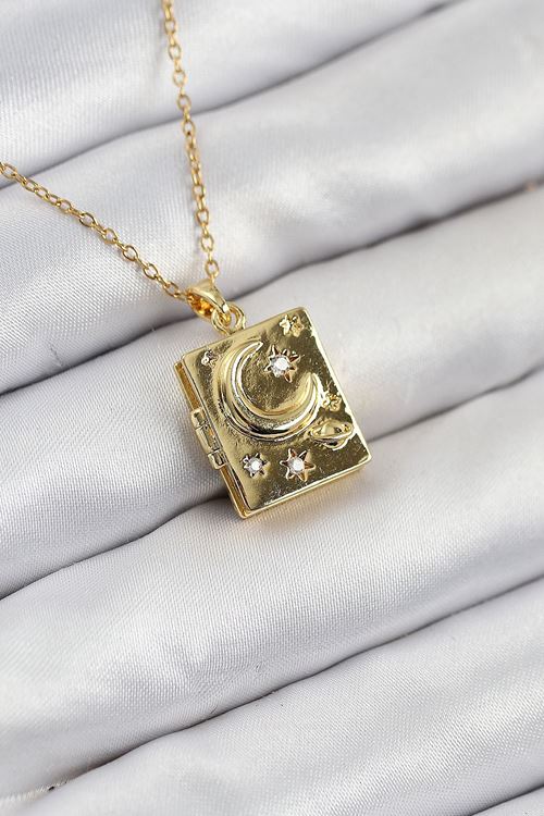 316L Çelik Zirkon Taşlı Açılabilr Kapaklı Kitap Model Gold Renk Kadın Kolye