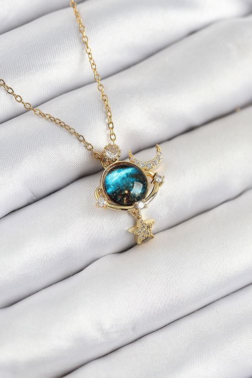 316L Çelik Zirkon Taşlı Gezegen Model Gold Renk Kadın Kolye