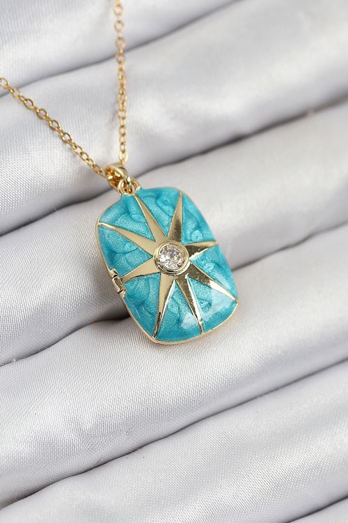 316L Çelik Zirkon Taşlı Açılabilr Kapaklı Kutup Yıldzı Model Gold Renk Kadın Kolye