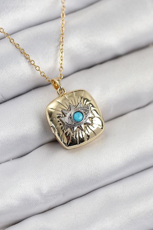 316L Çelik Zirkon Taşlı Açılabilr Kapaklı Göz Model Gold Renk Kadın Kolye