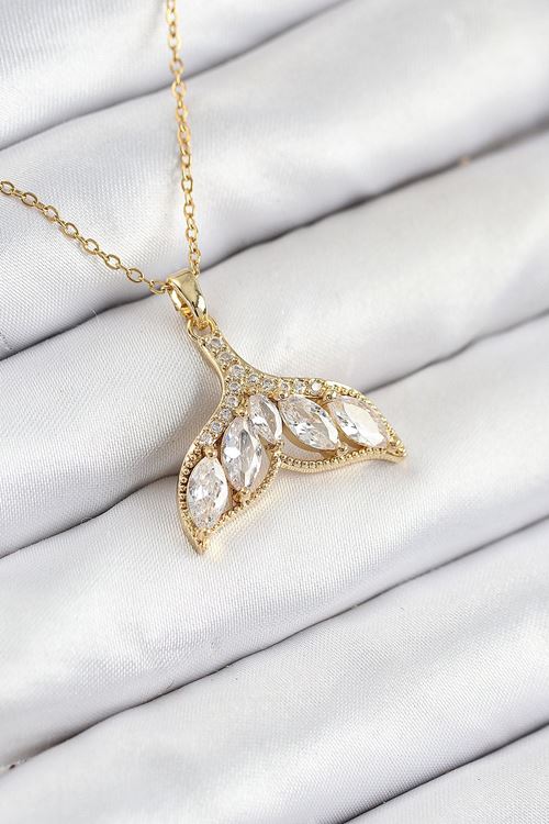316L Çelik Zirkon Taşlı Balık Kuyruğu Model Gold Renk Kadın Kolye