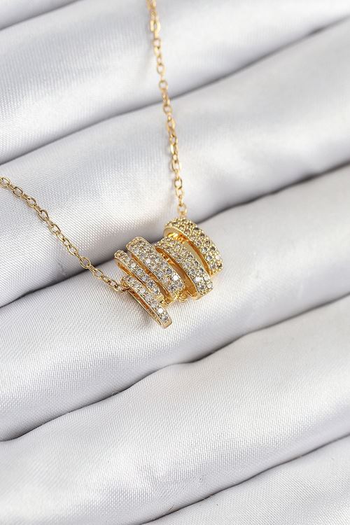 316L Çelik Zirkon Taşlı Sarmal Model Gold Renk Kadın Kolye