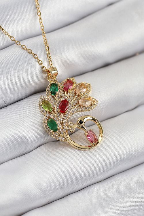 316L Çelik Zirkon Taşlı Tavus Kuşu Model Gold Renk Kadın Kolye
