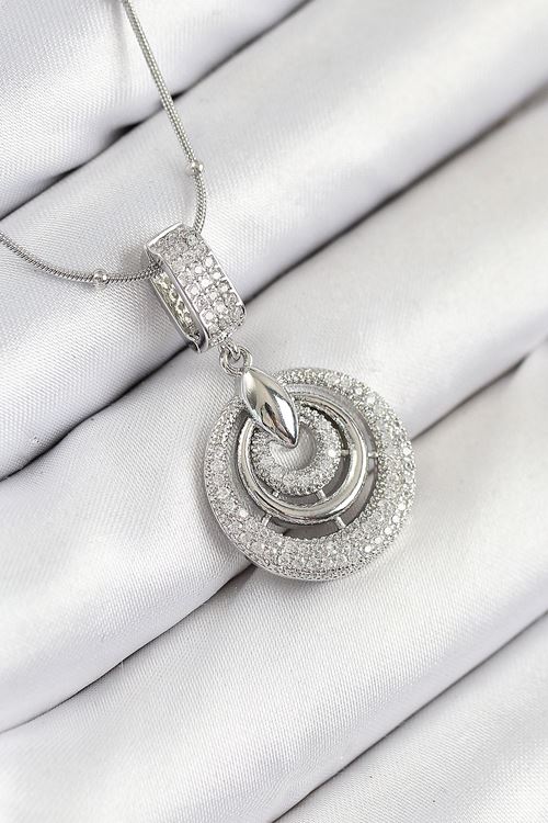 316L Çelik Zirkon Taşlı Çember Model Gümüş Renk Kadın Kolye