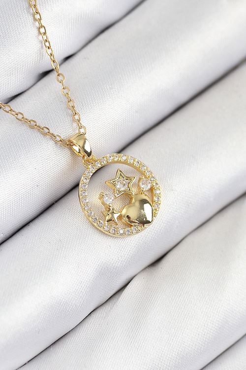 316L Çelik Zirkon Taşlı Yıldız Ve Kalp Model Gold Renk Kadın Kolye