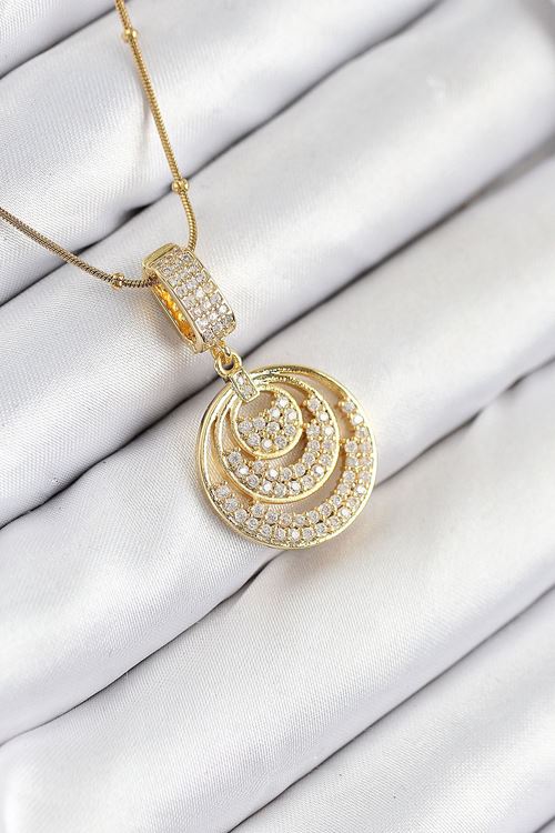 316L Çelik Zirkon Taşlı Çember Model Gold Renk Kadın Kolye