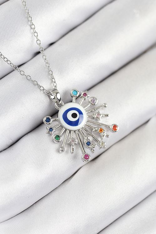 316L Çelik Zirkon Taşlı Nazar Model Gümüş Renk Kadın Kolye