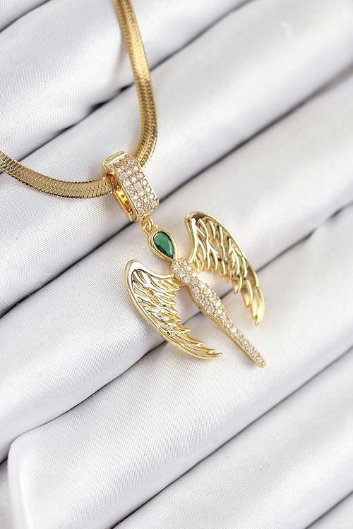 316L Çelik Zirkon Taşlı Melek Model Gold Renk Kadın Kolye