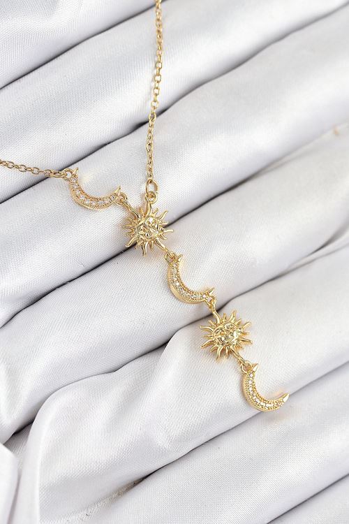 316L Çelik Zirkon Taşlı Güneş Ve Ay Model Gold Renk Kadın Kolye