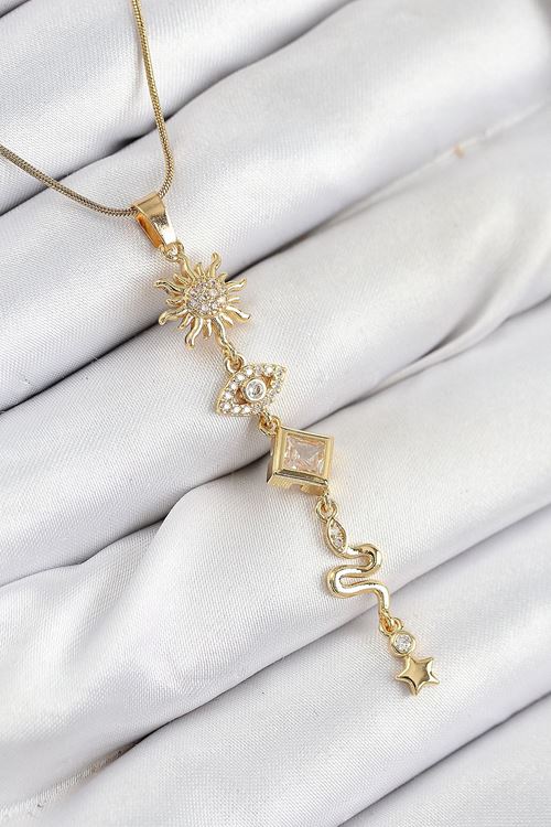 316L Çelik Zirkon Taşlı Güneş Ve Ay Enerji Model Gold Renk Kadın Kolye