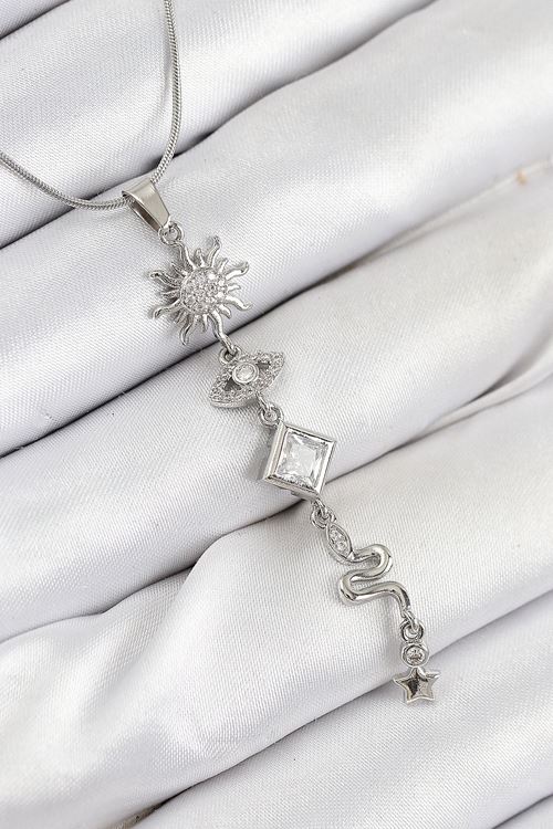 316L Çelik Zirkon Taşlı Güneş Ve Ay Enerji Model Gümüş Renk Kadın Kolye