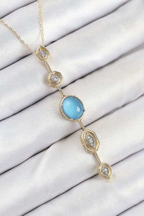 Pirinç Zincir Mavi Gold Renk Zirkon Taşlı Y Kolye