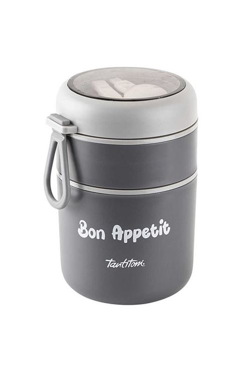 Tantitoni 2 Katlı Füme-Gri Paslanmaz Çelik Plastik Kaşıklı Yemek Taşıma Kabı 710Ml