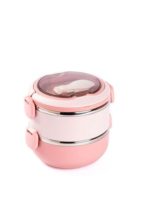 Tantitoni Pembe Paslanmaz Çelik Yuvarlak 2 Katlı Çatallı Yemek Taşıma Kabı 850ml